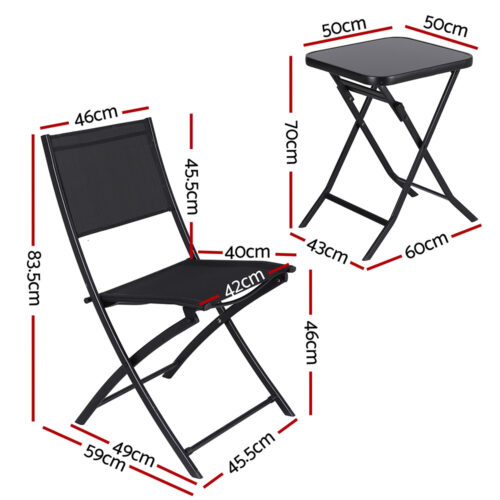 Gardeon Outdoor Bistro Set Folding Table and Chairs Patio Furniture Garden Steel Black - Image 2