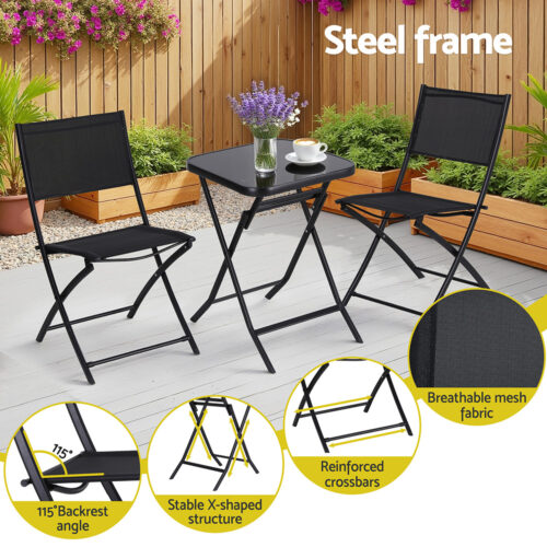 Gardeon Outdoor Bistro Set Folding Table and Chairs Patio Furniture Garden Steel Black - Image 4