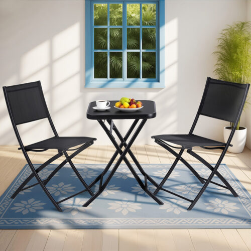Gardeon Outdoor Bistro Set Folding Table and Chairs Patio Furniture Garden Steel Black - Image 7