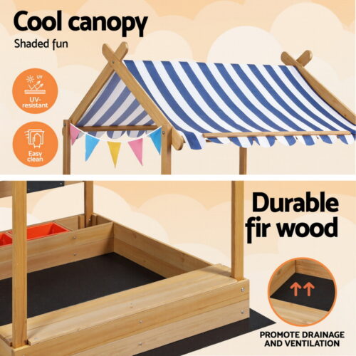 Keezi Kids Sandpit Wooden Sandbox Sand Pit with Canopy Water Basin Toys 146cm - Image 4