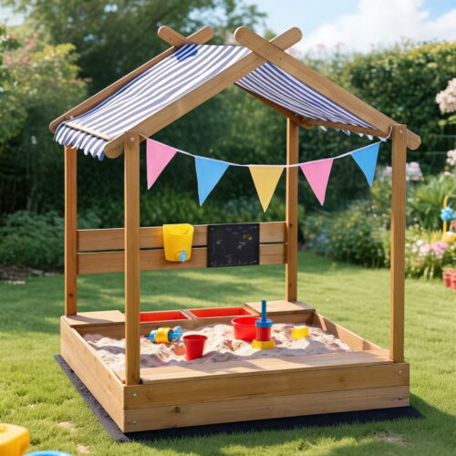 Keezi Kids Sandpit Wooden Sandbox Sand Pit with Canopy Water Basin Toys 146cm - Image 7