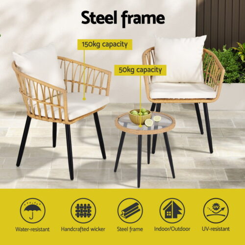 Gardeon 3PC Outdoor Bistro Set Patio Furniture Lounge Setting Table and Chairs Natural - Image 4