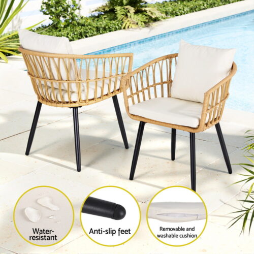 Gardeon 3PC Outdoor Bistro Set Patio Furniture Lounge Setting Table and Chairs Natural - Image 5