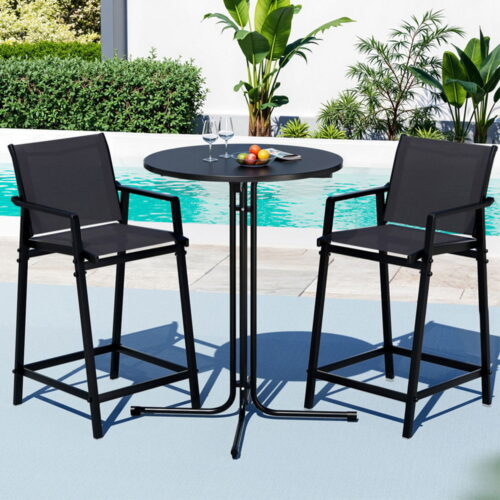 Gardeon 3PC Outdoor Bar Set Stools Dining Chairs Table Patio Furniture Bistro Set Steel Black - Image 7