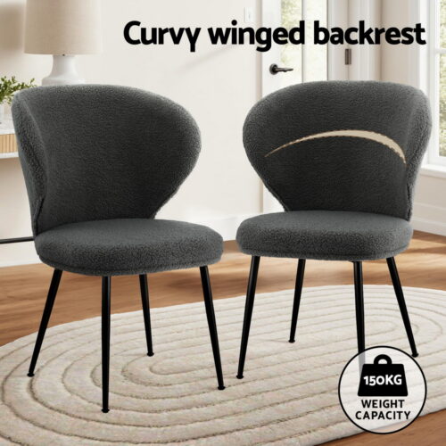 Artiss 2x Dining Chairs Sherpa Boucle Wing Back Grey - Image 4
