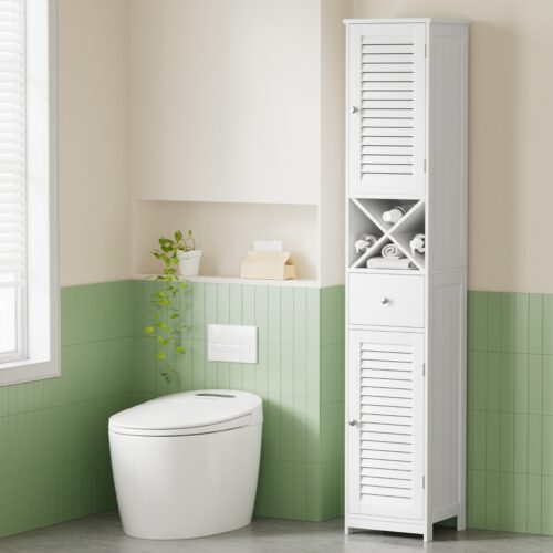 Artiss Bathroom Storage Cabinet 170cm Tall Slim Organiser Toilet Corner Adjustable Shelf Louver Door White - Image 8
