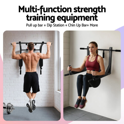 Everfit Pull Up Bar Dip Station Multi Gym 150kg Home Power Station Black Red - Image 4