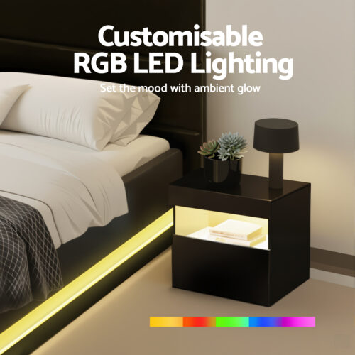 Artiss RGB LED Double Bed Frame with Beside Table Set 16 Colour Mood Lighting - Image 6