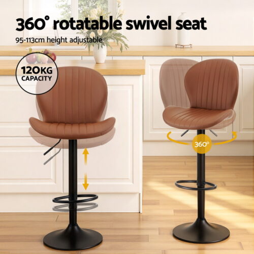 Artiss 2x Bar Stools Kitchen Swivel Gas Lift Counter Chair Shell Leather Brown - Image 4