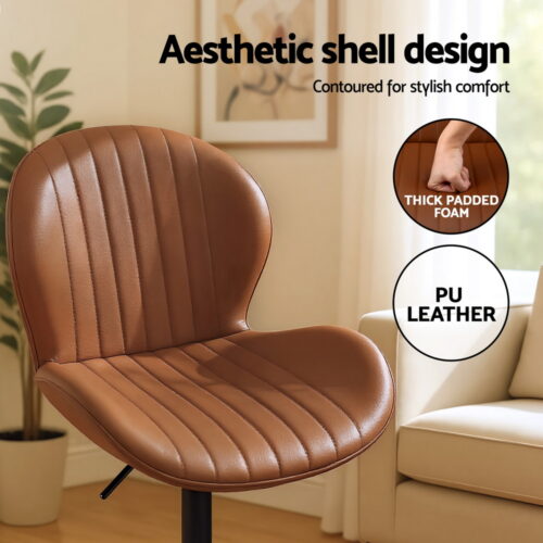 Artiss 2x Bar Stools Kitchen Swivel Gas Lift Counter Chair Shell Leather Brown - Image 5