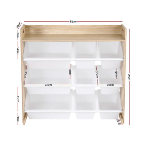 Keezi Kids Toy Box 9 Bins Bookshelf Organiser Display Shelf Storage Rack Wooden - Image 2
