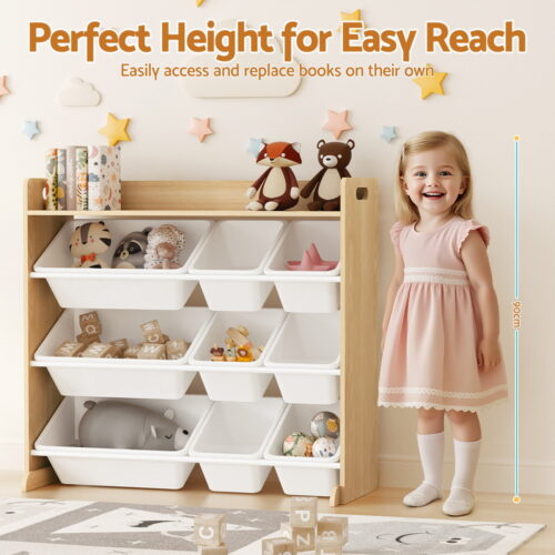 Keezi Kids Toy Box 9 Bins Bookshelf Organiser Display Shelf Storage Rack Wooden - Image 4