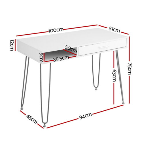 Artiss Computer Desk Drawer Cabinet Home Office Desks Workstation 100cm White - Image 2