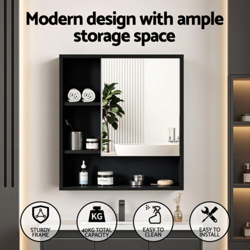 Cefito Bathroom Mirror Cabinet Mirrored Medicine Adjustable Shelf Wall Mounted 560mm Black - Image 4