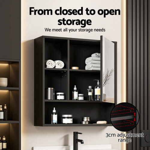 Cefito Bathroom Mirror Cabinet Mirrored Medicine Adjustable Shelf Wall Mounted 560mm Black - Image 6