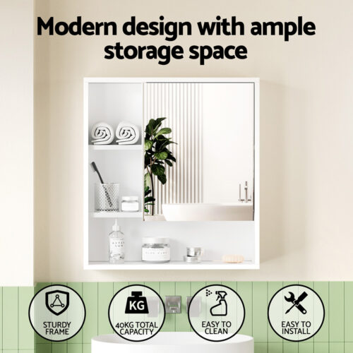 Cefito Bathroom Mirror Cabinet Mirrored Medicine Adjustable Shelf Wall Mounted 560mm White - Image 4