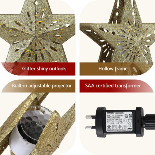 Jingle Jollys Christmas Tree Topper Star Snowflake Projector Party Glitter Gold - Image 6