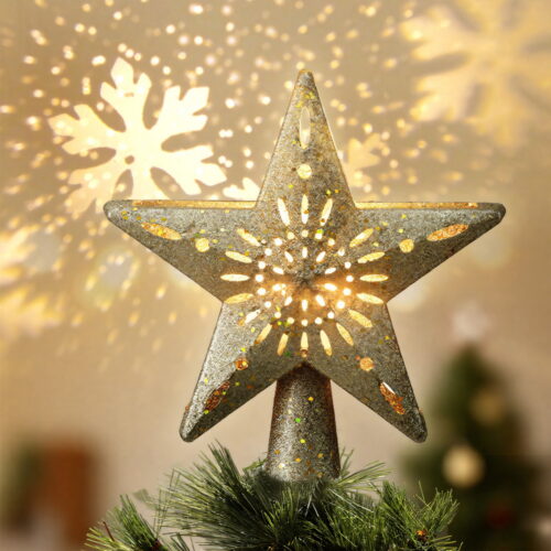 Jingle Jollys Christmas Tree Topper Star Snowflake Projector Party Glitter Gold - Image 7