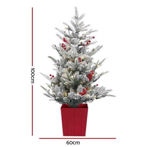 Jingle Jollys Christmas Tree 1M LED Potted Xmas Party Decor Red Barries Flocked - Image 2