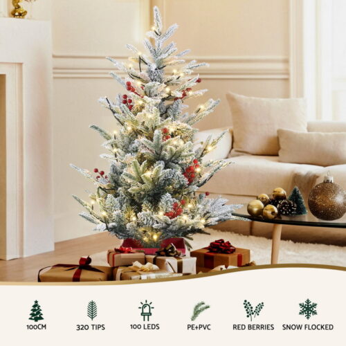 Jingle Jollys Christmas Tree 1M LED Potted Xmas Party Decor Red Barries Flocked - Image 4