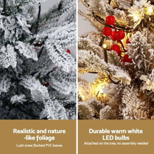 Jingle Jollys Christmas Tree 1M LED Potted Xmas Party Decor Red Barries Flocked - Image 5