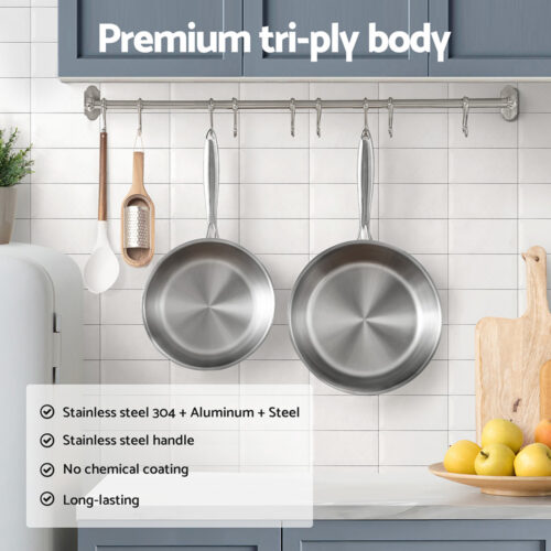 5-star Chef Frying Pan Stainless Steel Uncoated Twin Frypan Set 25/30cm Silver - Image 4